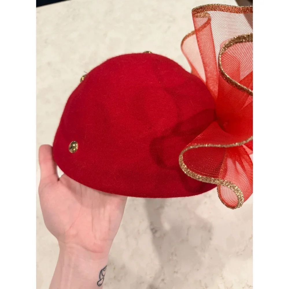 Vintage Red Wool Pillbox Hat Gold‎ Studs Oversized Mesh Bow Holiday Fascinator